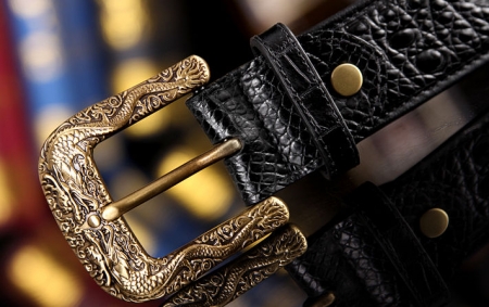 Dragon Pattern Buckle Crocodile Backbone Skin Belt, Eastern Belt for Men-Buckle