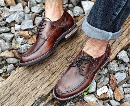 Men's Handmade Leather Modern Classic Lace up Leather Lined Perforated Derby Shoes-Brown-Display