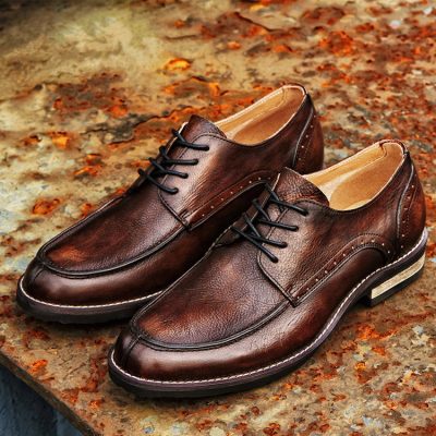 Men's Handmade Leather Modern Classic Lace up Leather Lined Perforated Derby Shoes-Display