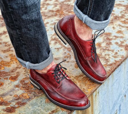 Men's Handmade Leather Modern Classic Lace up Leather Lined Perforated Derby Shoes-Red-Display