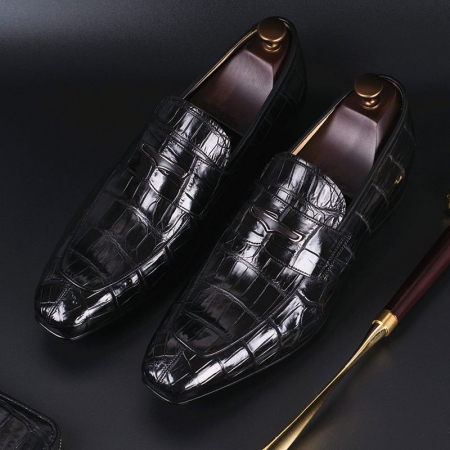 Alligator Leather Penny Slip-On Leather Lined Loafer for Men-Black