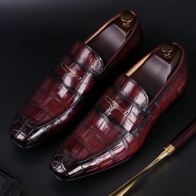 Alligator Leather Penny Slip-On Leather Lined Loafer for Men-Burgundy