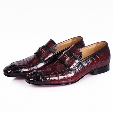 Men's Handcrafted Alligator Leather Penny Slip-On Leather Lined Loafer-Burgundy